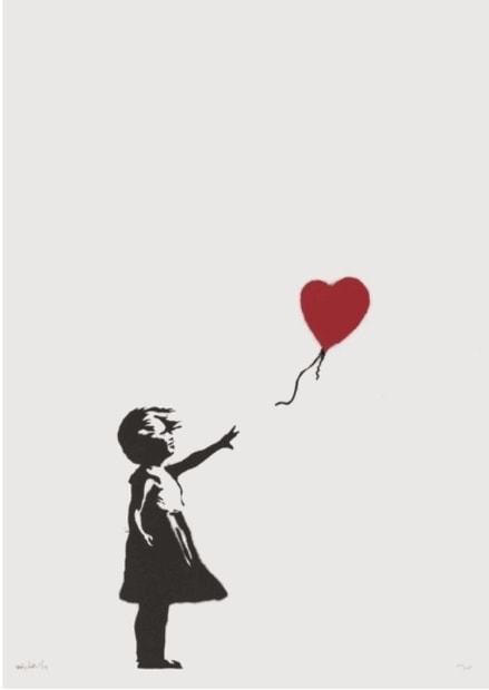 Banksy’s 2004 Girl with Balloon girl reaches for red heart balloon, hope and innocence theme.
