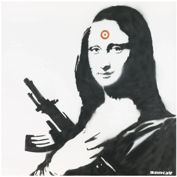 Banksy’s 2000 Mona Lisa with AK47 merges art history with violence, iconic subversive twist.