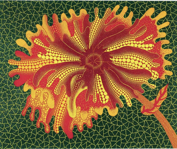 ayoi Kusama, Flowers A, 2005. Screenprint in colours with lamé on Vélin d’Arches paper, 89.9 × 80 cm, edition of 50. Features Kusama’s vibrant floral imagery with shimmering lamé highlights, characteristic of her mid-2000s printmaking.