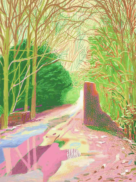 Hockney iPad drawing of sunlit Woldgate path with green hedges and pink shadows from large Arrival of Spring collection