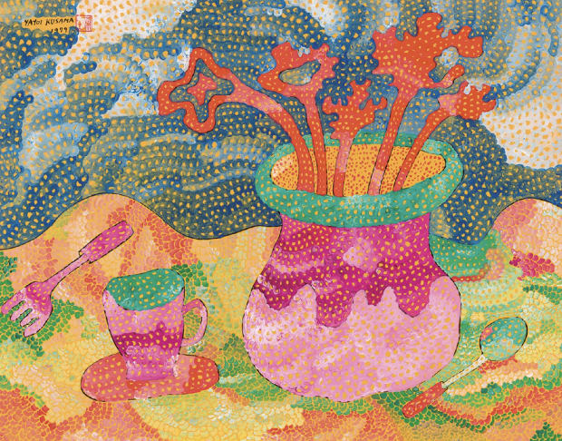 Yayoi Kusama, Summer Night, 1979. Acrylic on paper, 51 × 64.5 cm, signed and dated. A late 1970s work reflecting Kusama’s shift to intimate, introspective practice in Japan.