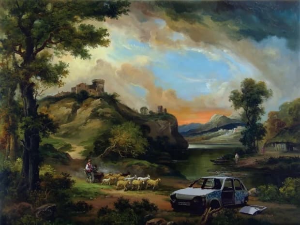 Banksy’s 2005 Landscape with Wreck modern twist on pastoral painting, features destroyed vehicle.