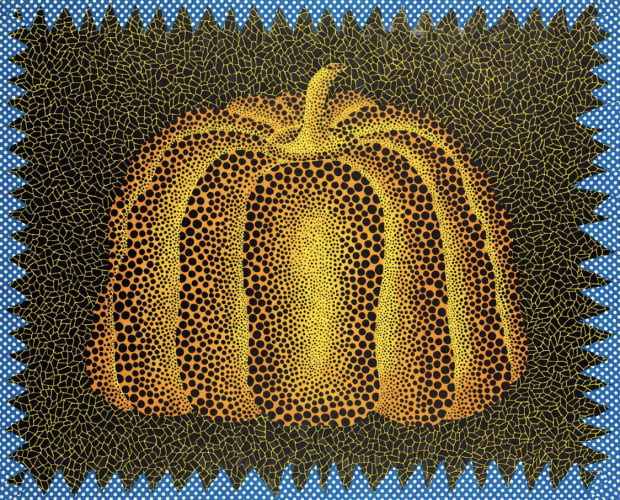 Yayoi Kusama, Pumpkin, 1980. Acrylic, graphite, and fabric collage on canvas, 130.5 × 162.6 cm. A monumental work that reintroduces Kusama’s pumpkin motif as a central theme in her mature practice.