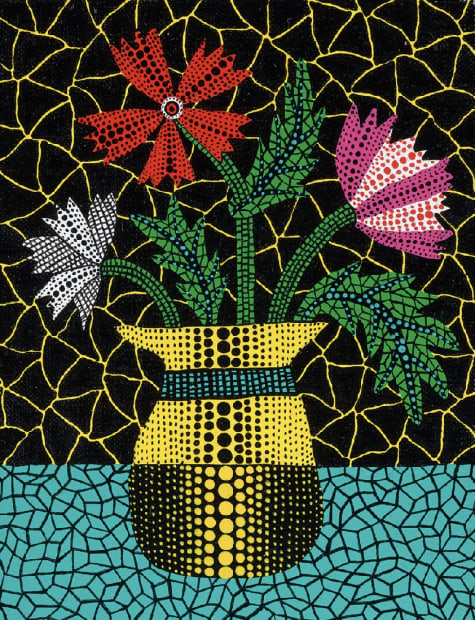 Flowers, 1996. Acrylic on canvas, 18 × 14 cm. A small-scale painting where Kusama transforms a natural motif into a field of obsessive repetition and psychological intensity.