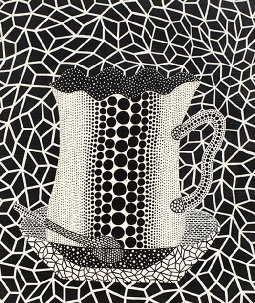 Yayoi Kusama, Cup, 1979. Acrylic on canvas, 46 × 38 cm. A domestic subject transformed through Kusama’s obsessive motifs and introspective practice in late 1970s Japan.