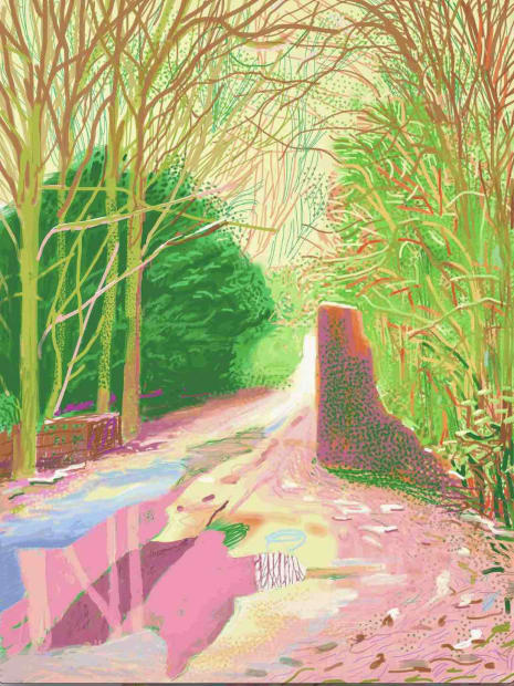 David Hockney iPad drawing of Woldgate path with pink shadows and green hedges – 2 January 2011 Arrival of Spring
