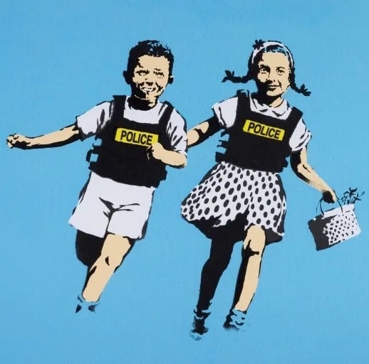 Banksy’s 2005 Jack and Jill in police uniforms, subverting childhood innocence.