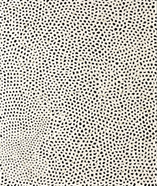 Untitled, 1967, oil on canvas by Yayoi Kusama, measuring 91.4 × 76.2 cm. A late 1960s Infinity Net painting featuring dense, repetitive brushwork that reflects her New York period and the expansion of her practice into immersive formats.