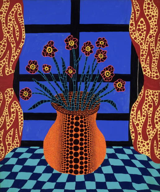 Yayoi Kusama, Window, 1979. Acrylic on canvas, 45 × 38 cm. Signed and dated. An intimate post-New York painting reflecting her shift to contemplative, studio-based practice in Japan.