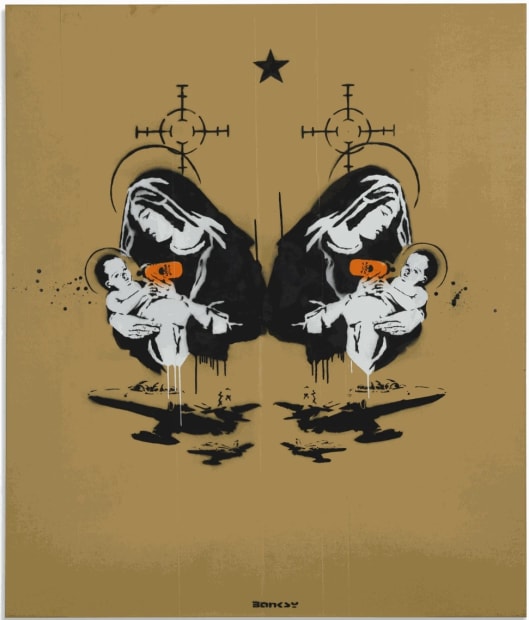 Banksy’s 2003 Toxic Mary Double shows Madonna feeding poison, striking religious commentary.