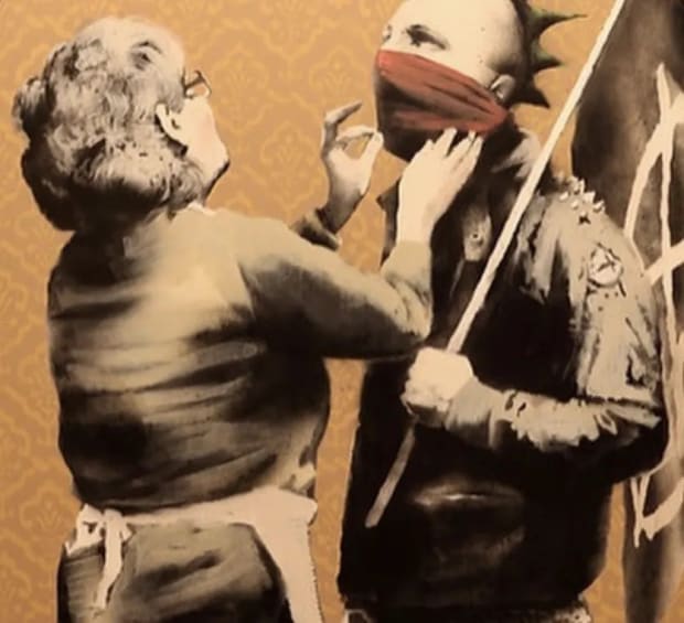 Banksy’s 2009 Anarchist Punk and Mum shows rebellion at odds with maternal normality.