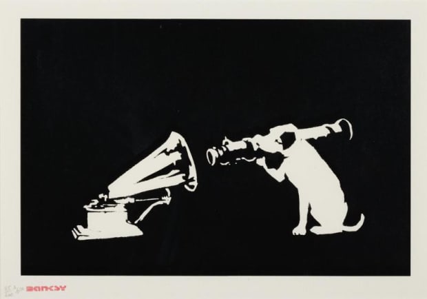 Banksy’s 2003 HMV dog attacks gramophone, parody of music industry and corporate control.