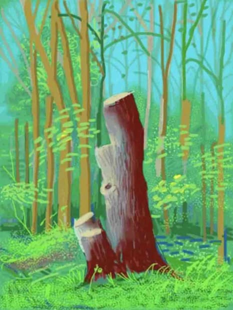 Hockney iPad drawing of maroon tree stump and turquoise-lit woodland in spring, Arrival of Spring in Woldgate, 24 April 2011