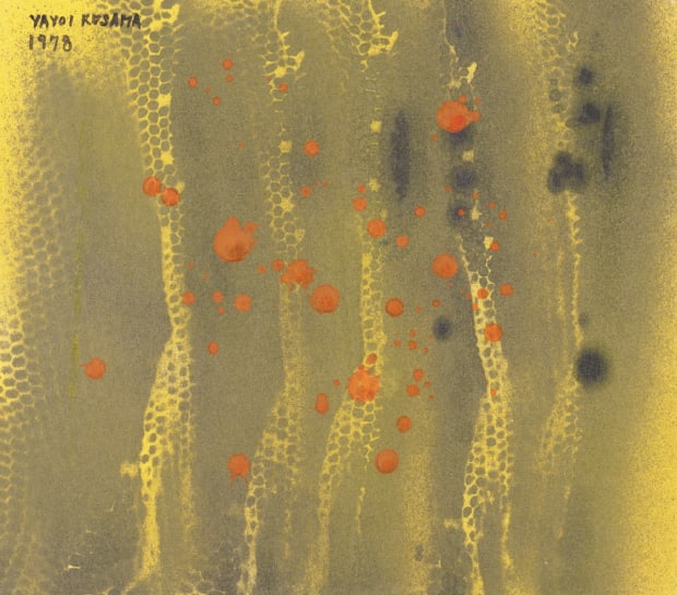 Yayoi Kusama, Autumn Rain, 1978. Enamel and ink on paperboard, 24.1 × 27.3 cm. Signed and dated. An intimate post-New York work reflecting her shift to introspective practice in Japan.