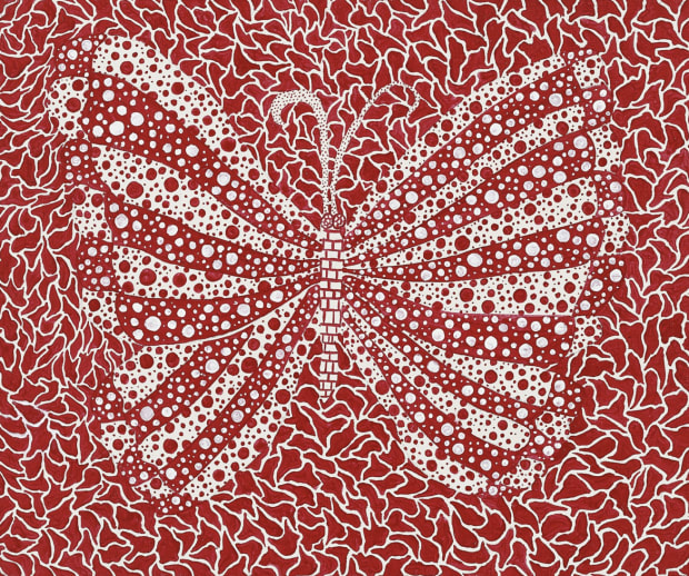 Yayoi Kusama, Butterfly, 1982. Acrylic on canvas, 38 × 46 cm. Signed and dated. A late 20th-century work that transforms the butterfly motif into a meditation on fragility, transformation, and infinity.