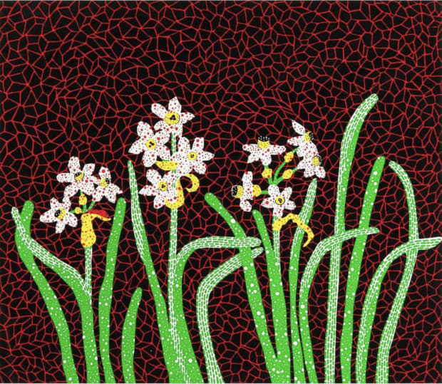 Yayoi Kusama, Flowers, 1985. Screenprint, 46 × 53 cm, edition of 100. Depicts Kusama’s bold floral imagery with vibrant colours and repetitive patterns, reflecting her distinctive style during the mid-1980s.