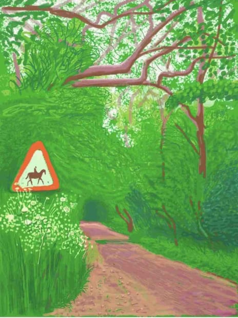 Hockney iPad drawing of Woldgate path with pink trees, horse sign, and blossoming cow parsley from Arrival of Spring series