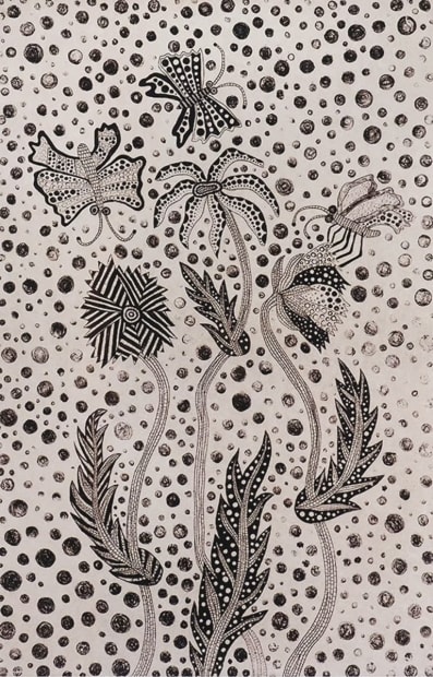 Yayoi Kusama, Flower and Butterfly, 1995. Etching, 37 × 22 cm, edition of 75. Combines Kusama’s floral and butterfly motifs in a delicate composition, reflecting her fascination with nature and repetition in printmaking.