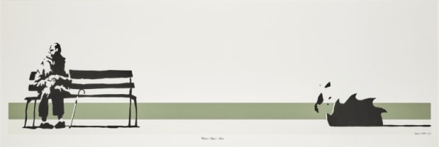 Banksy’s 2003 Weston Super Mare beach parody print, highlighting decay of British seaside towns.