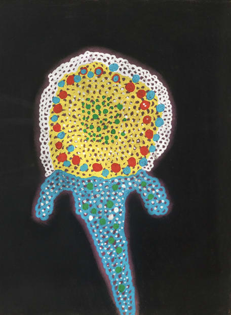 Yayoi Kusama, Flower, 1956. Mixed media on paper, 60 × 45 cm. Stylised floral composition, signed and dated on affixed label to the reverse.