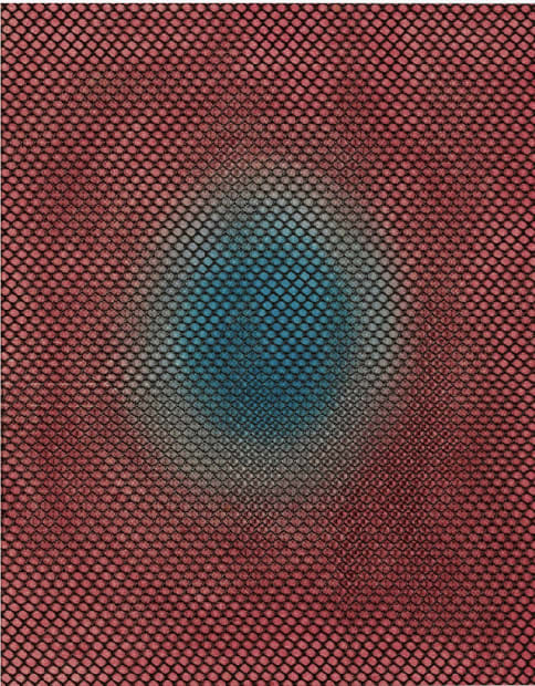 Yayoi Kusama, Nets & Red No. 8, 1958. Pastel and netting on paper, 25.4 × 20.3 cm. An early work exploring Kusama’s Infinity Net motif with layered textures and red tonal contrasts.