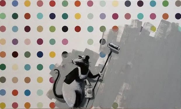 Banksy’s 2009 Rat with Roller mocks art world by defacing Damien Hirst spot painting.