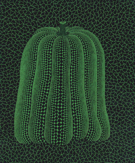 Yayoi Kusama, Pumpkin, 1991. Acrylic on canvas, 72.7 × 60.6 cm. Signed, dated, and titled. A 1990s painting where the pumpkin motif embodies Kusama’s themes of repetition, obsession, and infinity.