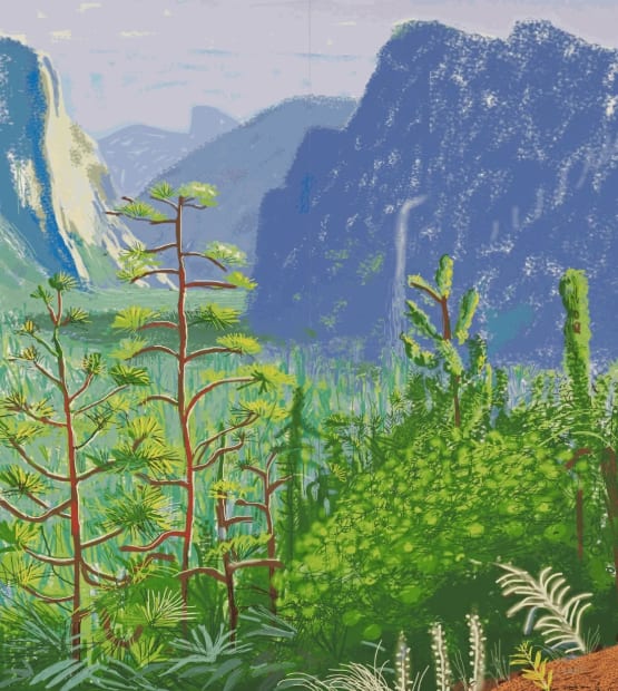 David Hockney iPad drawing of Yosemite i October 16th – red-trunked trees, green foliage, blue cliffs and waterfall under pale streaked sky