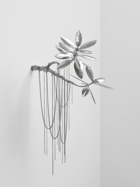 In the darkened gallery space spotlights foreground a series of wall-based installations surrounding an ornamental plant positioned on a screen...