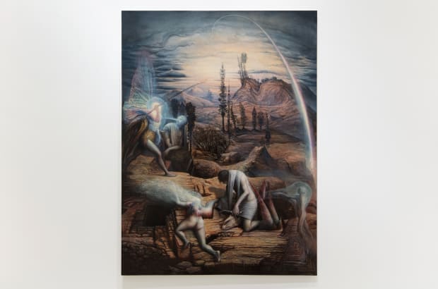 The painting lies between esoteric symbolism, anatomical classicism and contemporary fantasy. The atmospheres are reminiscent of Böcklin's metaphysical landscapes and...