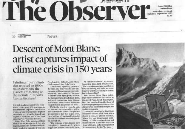 THE OBSERVER NEWSPAPER 3 September 2023 Based on James's recent exhibition 'The summit paintings : Mont Blanc,' the article, by...