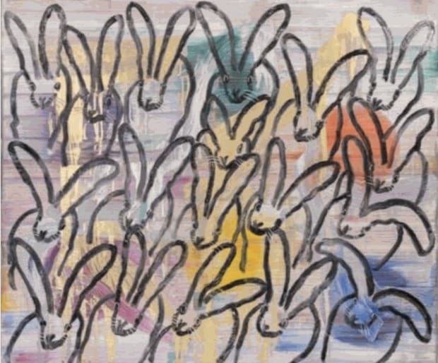 Hunt Slonem's artwork, "Chinensis March," depicting bunnies.
