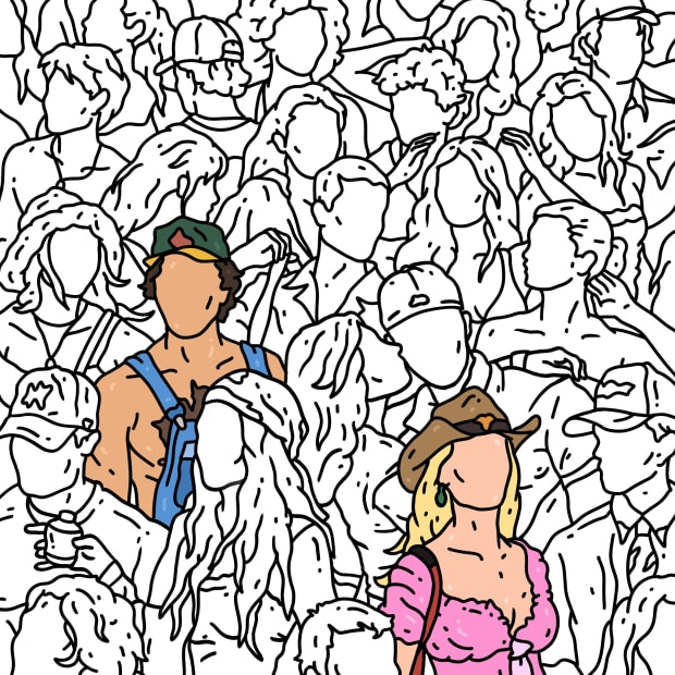 Guests viewing a Chance Cooper Crowd Series piece depicting a dense group of figures in bold graphic style.