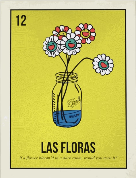 Artwork titled 'Las Floras' (2023) by Cayla Birk, featuring daisies in a jar against a yellow background.