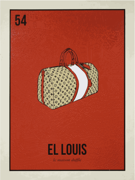 Artwork titled 'El Louis Duffle' (2023) by Cayla Birk, featuring a designer duffle bag against a red background, labeled with the number 54.