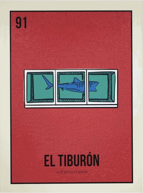 Artwork titled 'El Tiburón' (2023) by Cayla Birk, featuring a rendition of Damien Hirst's stuffed shark against a red background, labeled with the number 91.