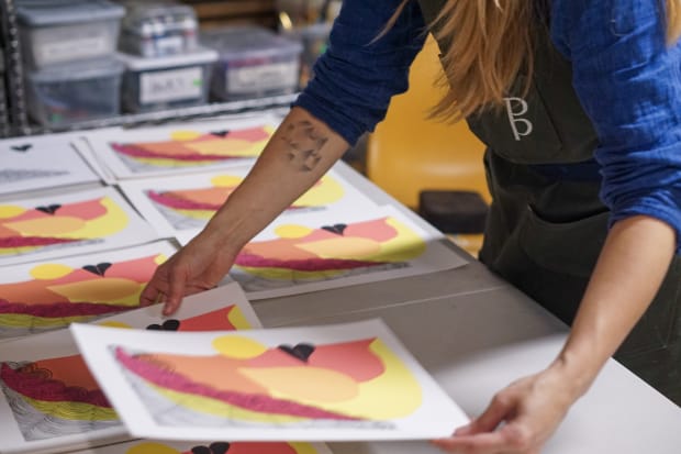 This series began from a collage, with the artist working in cut paper painted in flat colors to create an...
