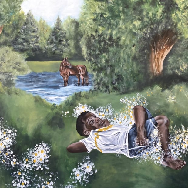 Painting by Davariz Broaden with a young boy laying a field with flowers surrounding him.