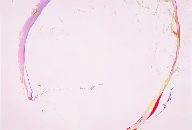 Abstract artwork by Cevin Parker with pink pastel background and fluid pink paint splatter laid overtop of the background