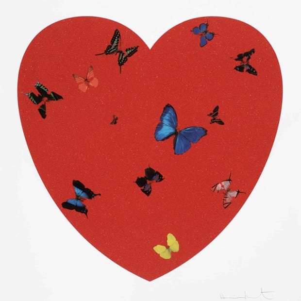 Damien Hirst All You Need Is Love print with red diamond dust heart with butterflies