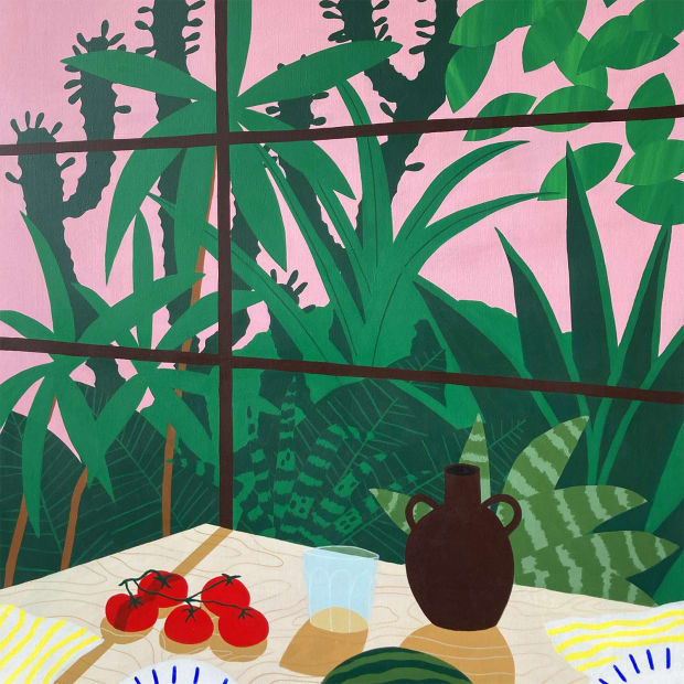 HelloMarine painting with a table scape of tomatoes and water pitcher in front of panel windows with green palms and cactus