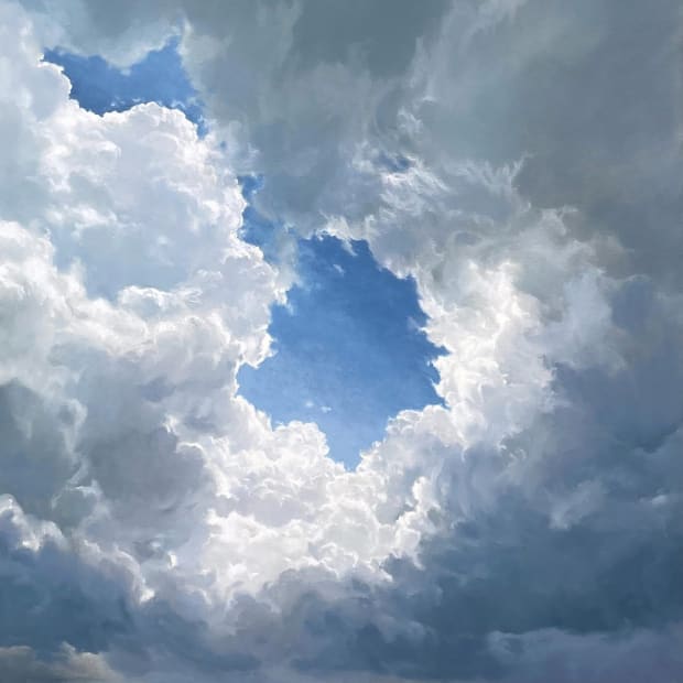 Rachel English Cloudscape painting. The perspective of the work is looking up through a hole in the clouds. The sky in the middle is blue and the clouds are white and grey