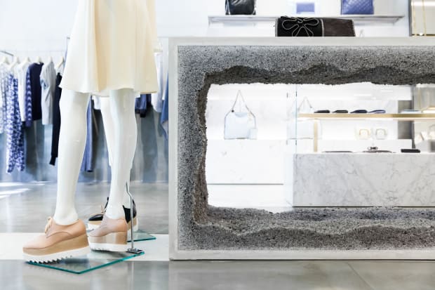 STELLA MCCARTNEY / PALO ALTO Displayed at Stella McCartney in Palo Alto, Mastrangelo's consoles and sofa are designed to integrate...