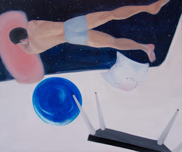 This painting depicts a surreal scene: a sleeping man gently drifting downward from a starry night sky, his head resting...