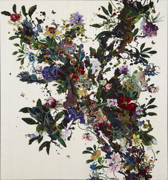 These works feature tropical and exotic floral depictions in vibrant acrylics. While appealing from afar, closer inspection reveals hidden ships...