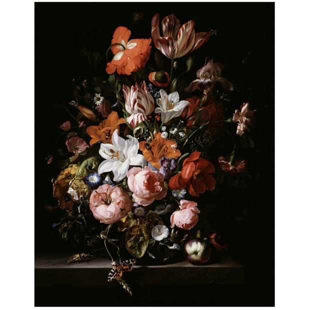 Rachel Ruysch Flowers in a Glass Vase, 1704 in the collection of the Detroit Institute of Arts