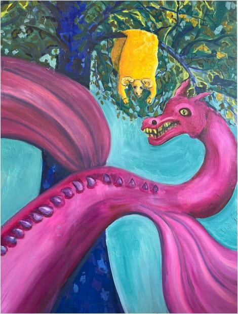 magenta dragon and yellow fleece on a blue tree- Charlie Kirkham