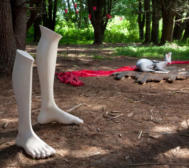 In the installation 'Little Red Riding Hood as a Crime Scene' the roles of victim and victimizer are reversed, as...