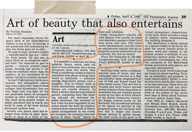 “Dina Wind is exhibiting welded sculptures assembled from pieces of scrap metal found in junkyards - industrial springs, sheet metal...