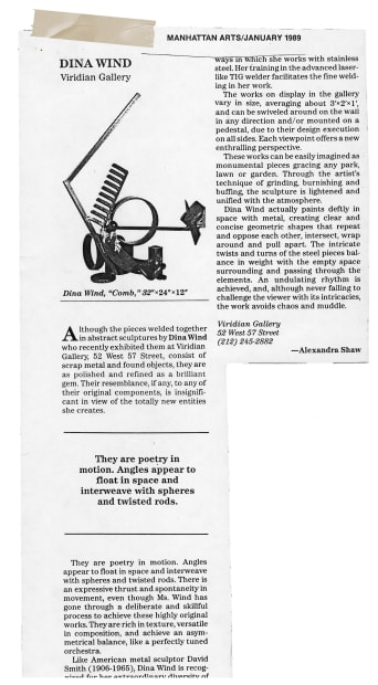 'They (Dina's works) are poetry in motion. Angels appear to float in space and interweave with spheres and twisted rods....